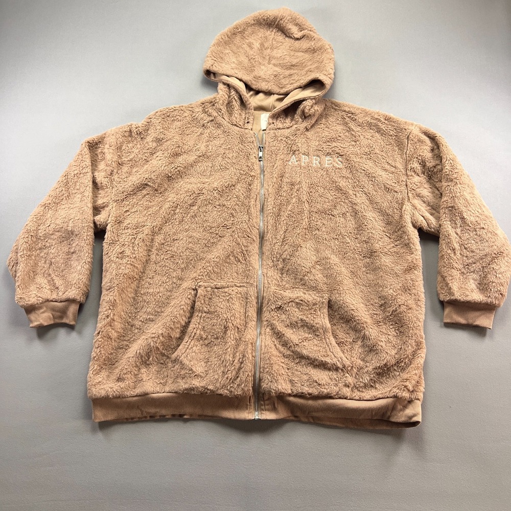 No Comment Hoodie Womens 2X Beige Faux Fur Apres Embroidered Full Zip Winter